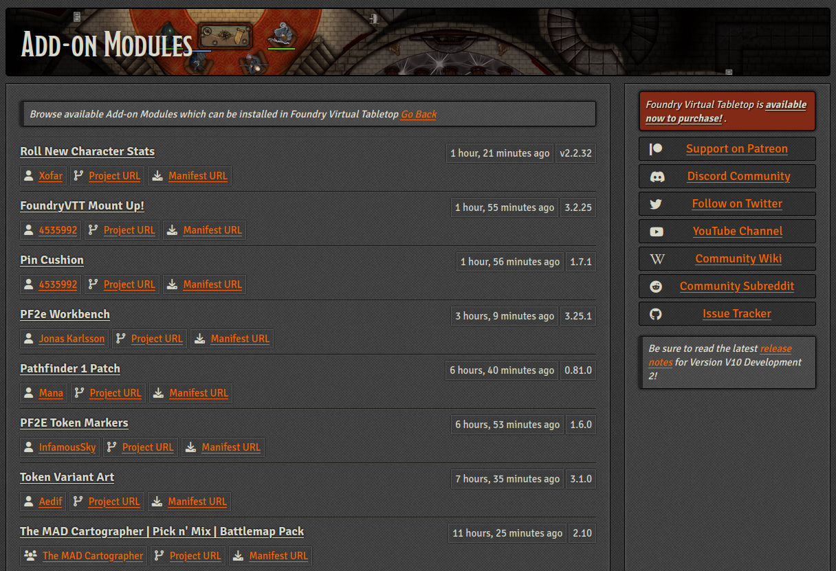 Liste des modules sur le site de Foundry