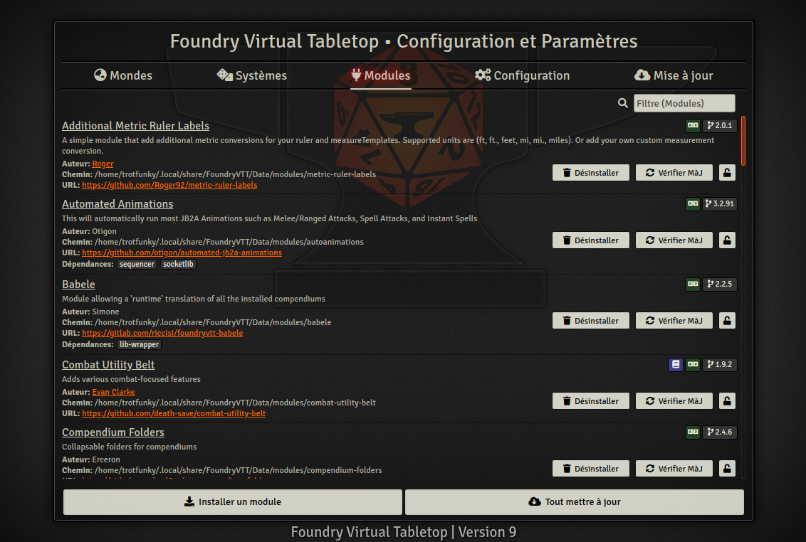 Liste des modules sur Foundry