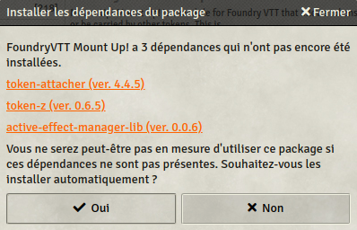 Pop-up de dépendances